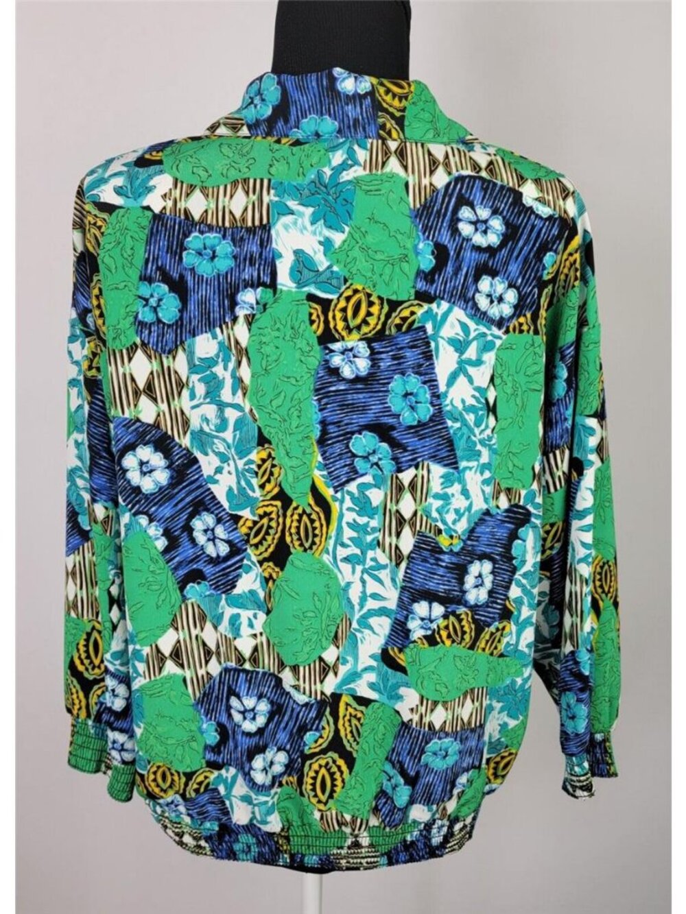 Green Blue 90s Retro Abstract Floral Blouse Elastic Hem Women M / 46" Chest - Picture 2 of 10